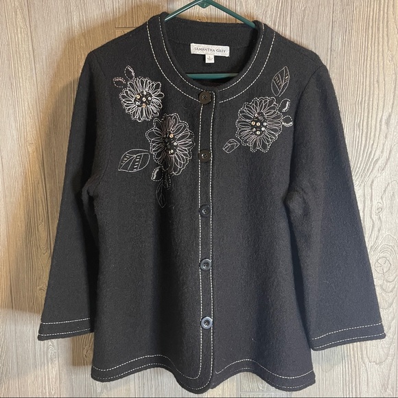 Black Wool Blazer embroidered by Samantha Gray 100%Wool Size Large - Picture 1 of 5